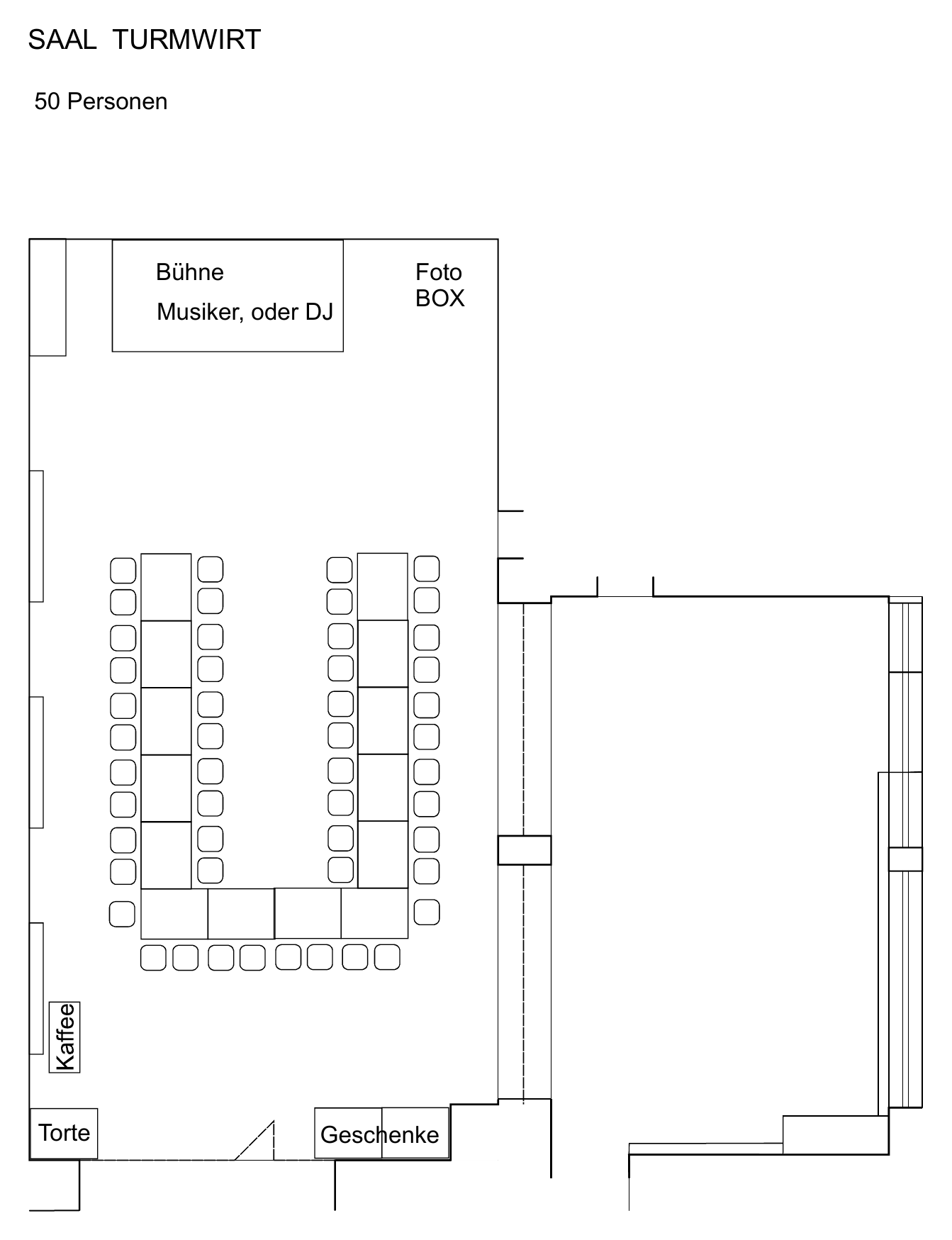 Bestuhlungsplan: Großer Saal — 50 Personen